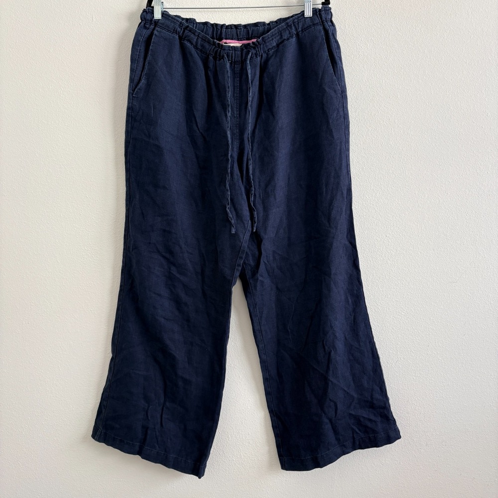 Boden Linen Pants Women 34 Dark Blue High Rise Wide Leg Drawstring Resort Casual